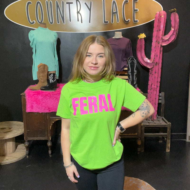 Lime Green with Hot Pink Feral Crew Neck T-shirt