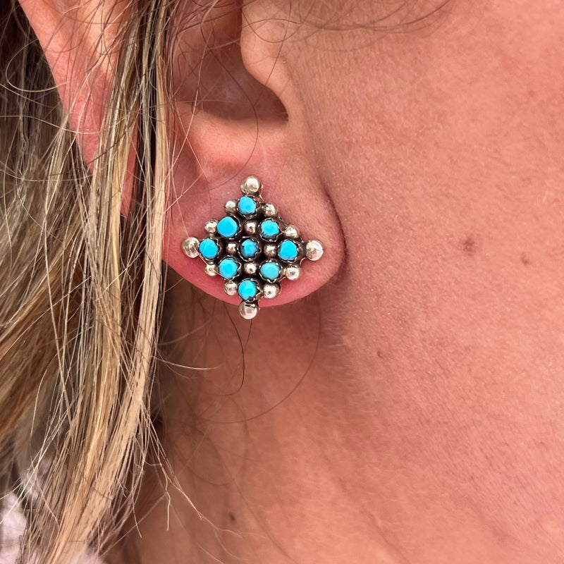 Nine Stone Turquoise Diamond Post Genuine Earring