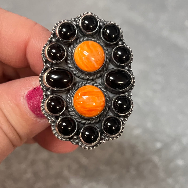 Dainty Gorgeous Black Onyx & Orange Spiny Genuine Adjustable Ring