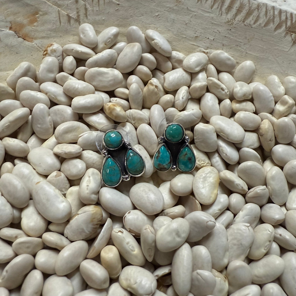 Dainty 3 Stone Turquoise Post Stud Genuine Earring