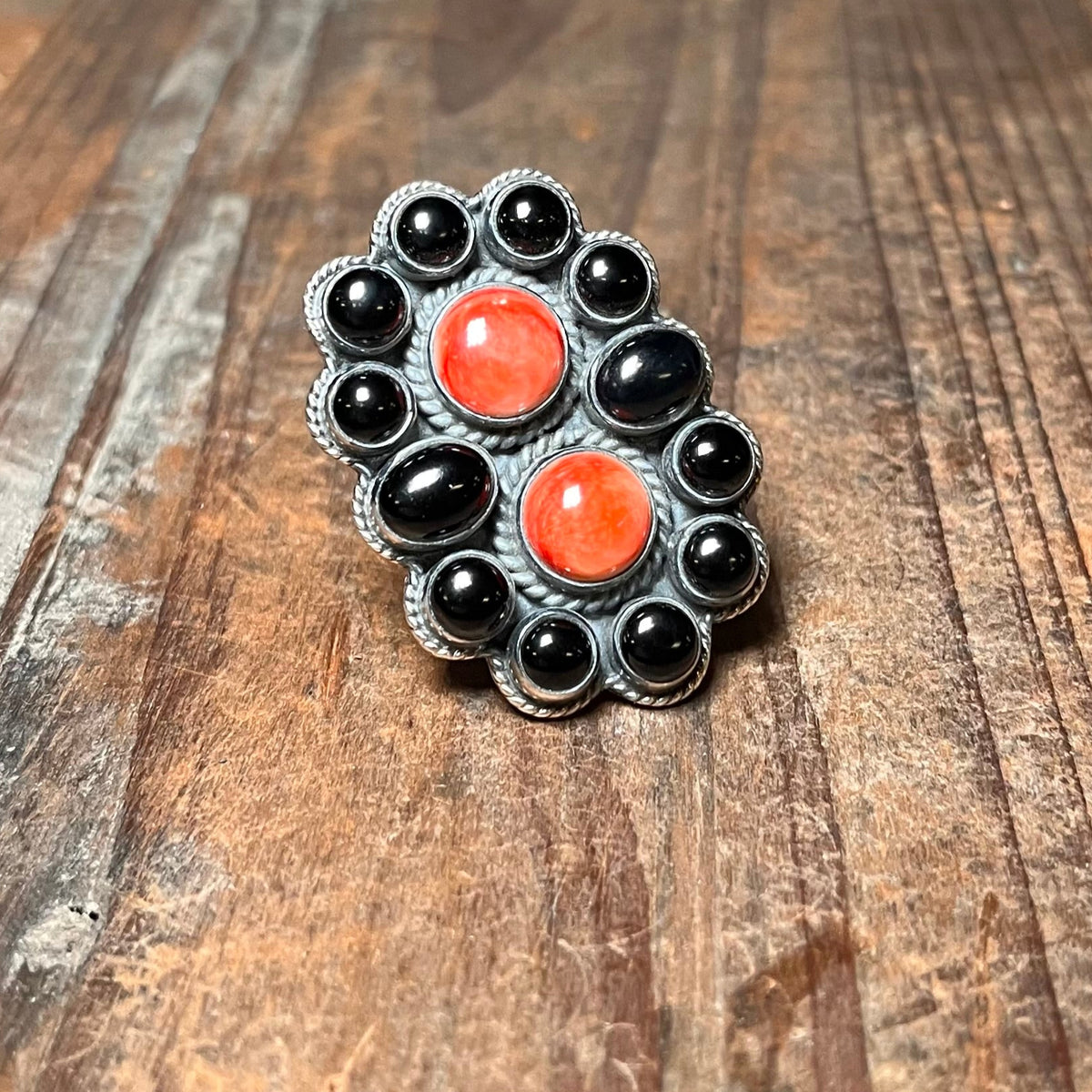 Dainty Gorgeous Black Onyx & Red Spiny Genuine Adjustable Ring