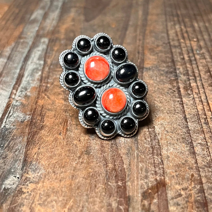 Dainty Gorgeous Black Onyx & Red Spiny Genuine Adjustable Ring