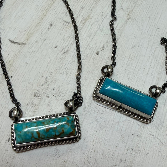 Dainty Kingman Turquoise Bar Genuine Sterling Silver Necklace
