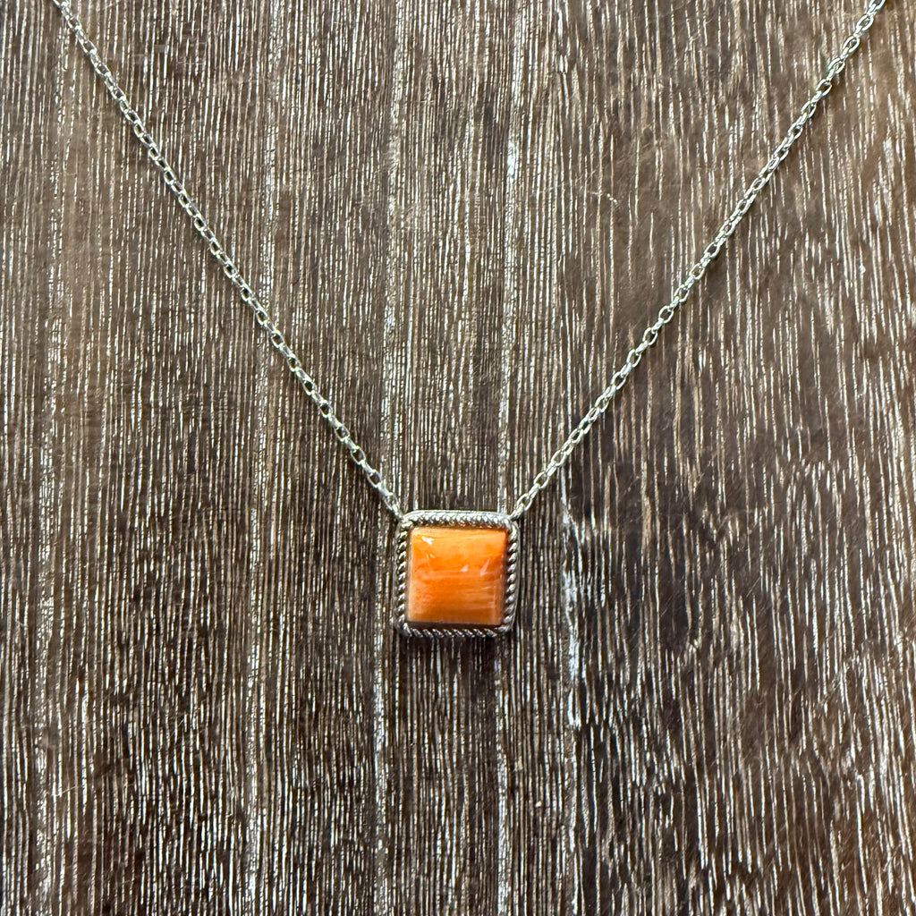Dainty Orange Spiny Square Sterling Silver Genuine Necklace
