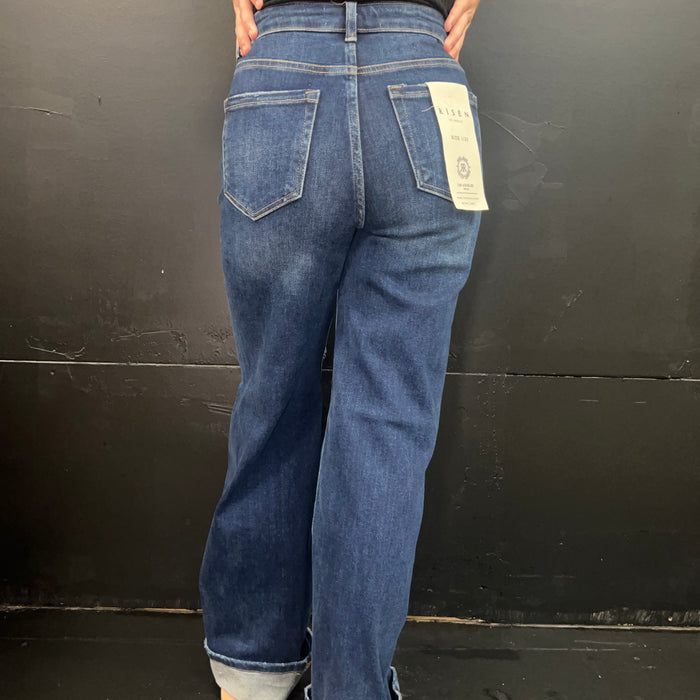 Dark Distressed Risen Trouser Leg Jeans78