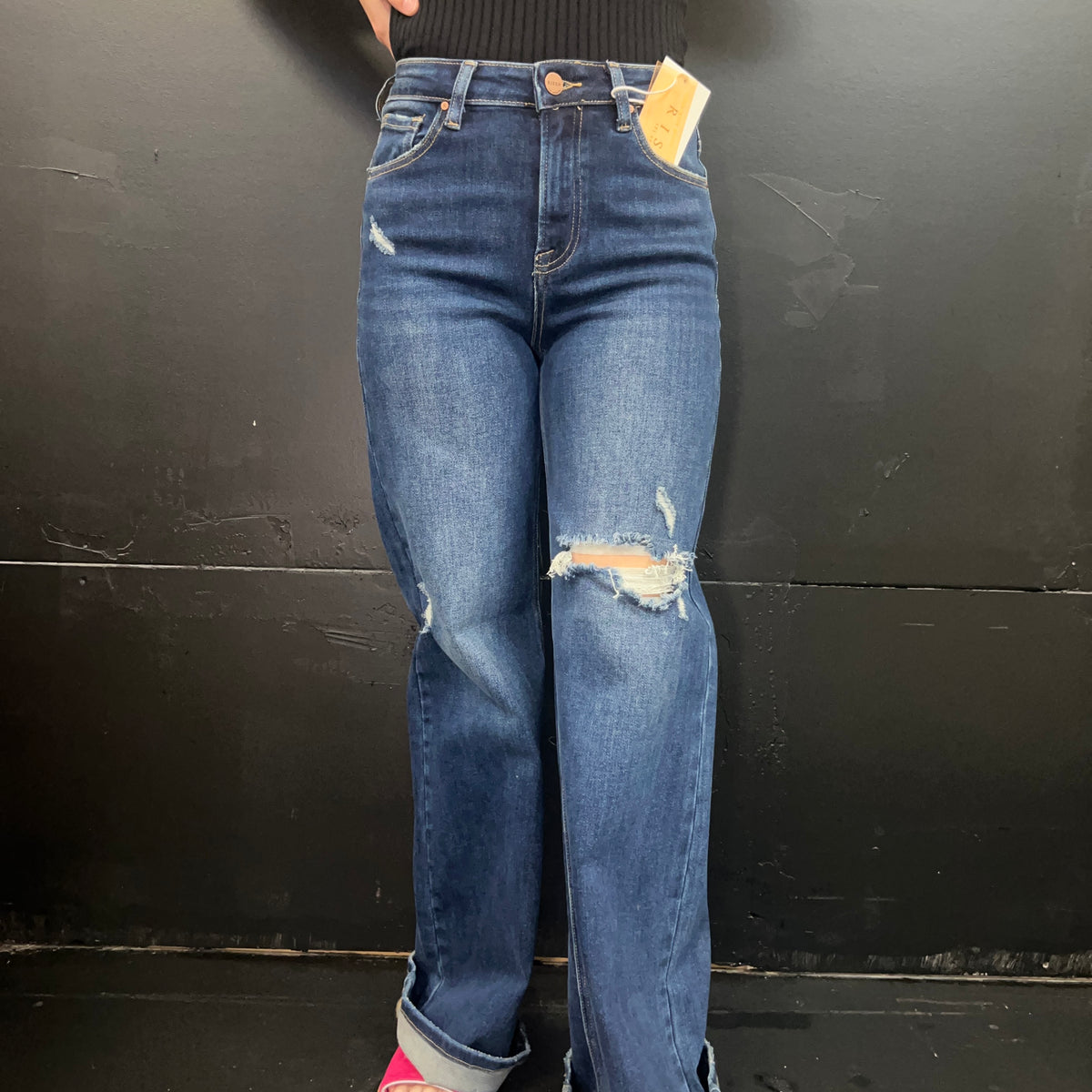 Dark Distressed Risen Trouser Leg Jeans88