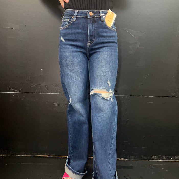 Dark Distressed Risen Trouser Leg Jeans88