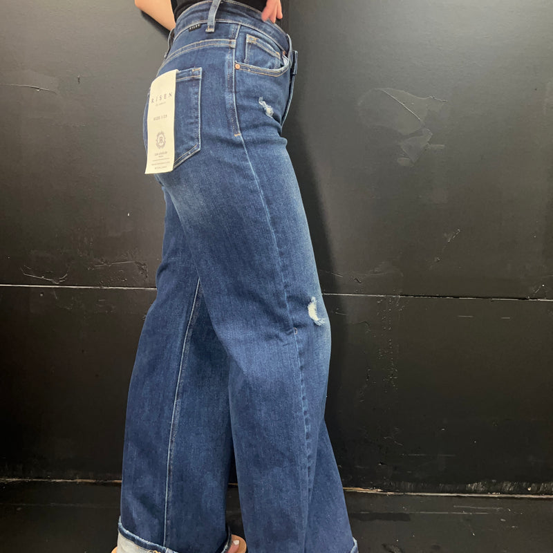 Dark Distressed Risen Trouser Leg Jeans89