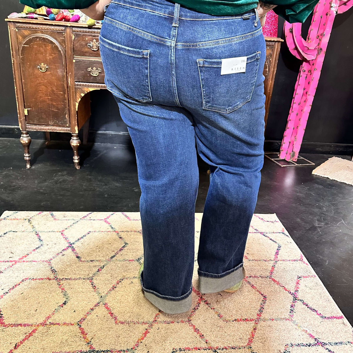 Dark Distressed Risen Trouser Leg Jeans 777