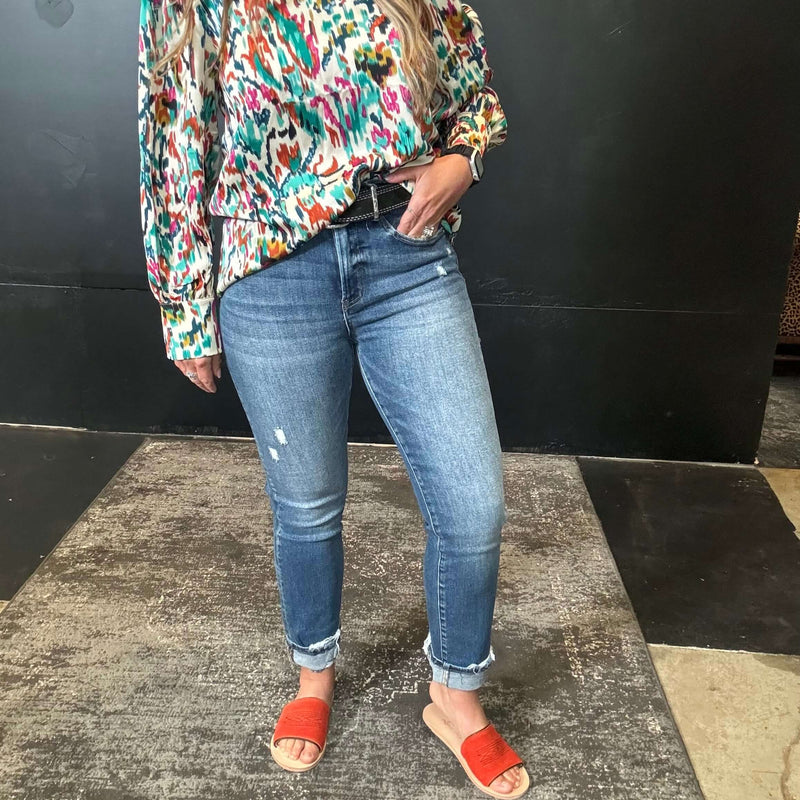 Dark Little Distressed Risen Straight Leg Jeans