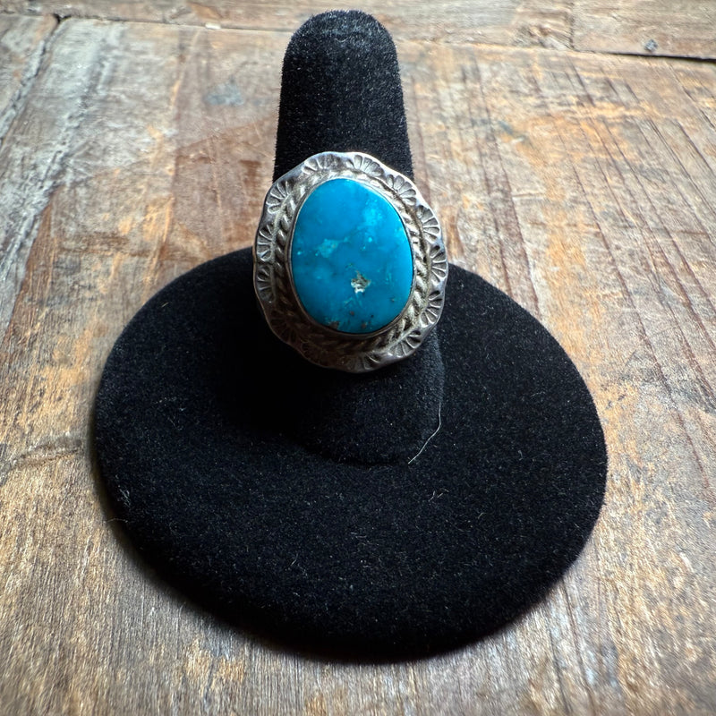 Deep Turquoise Raised Pretty Stamped Sterling Genuine Ring size 5