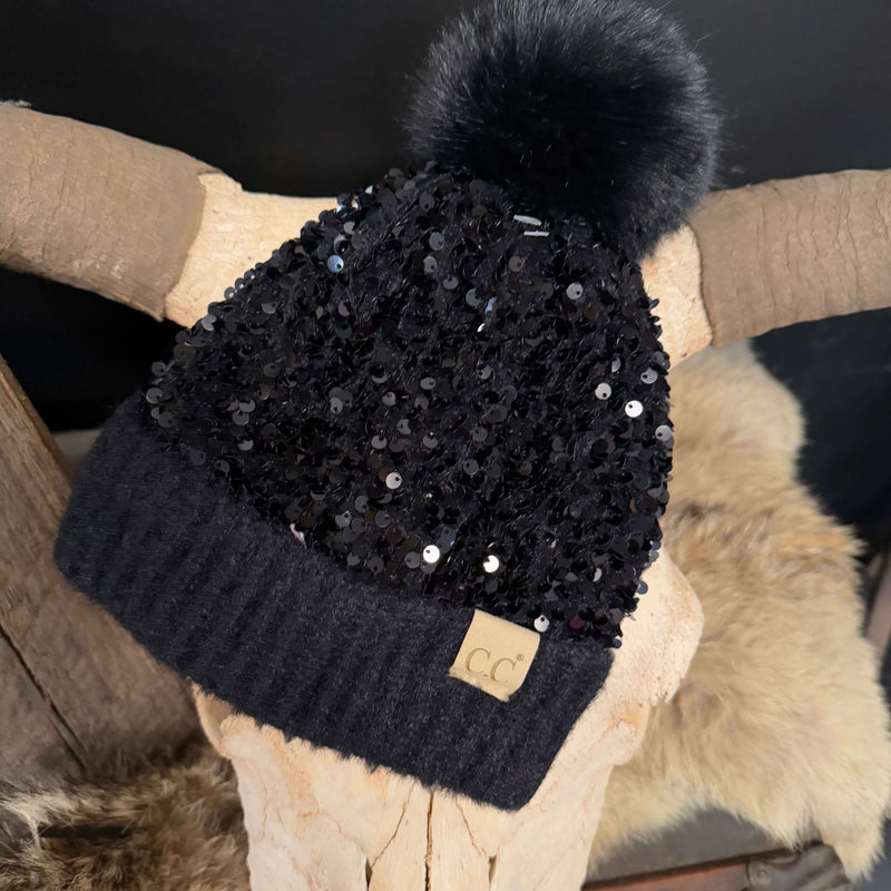 Kids Black Sequin CC Beanie