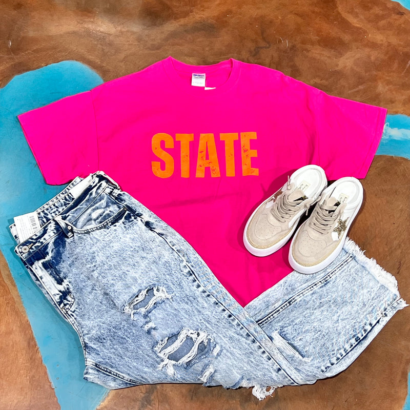 Hot Pink & Orange State Crew Neck T-shirt / XL