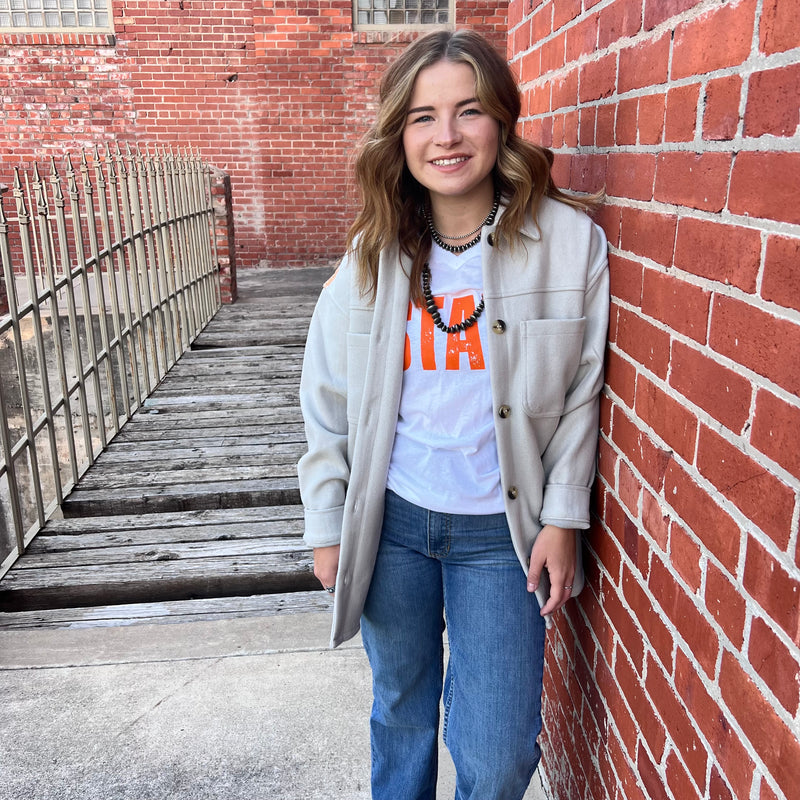 Orange V Neck and White STATE T-shirt