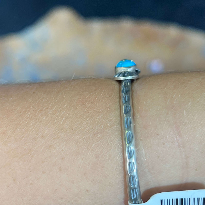 Blue Turquoise with Hammered Detail Genuine Sterling Silver Cuff Bracelet.