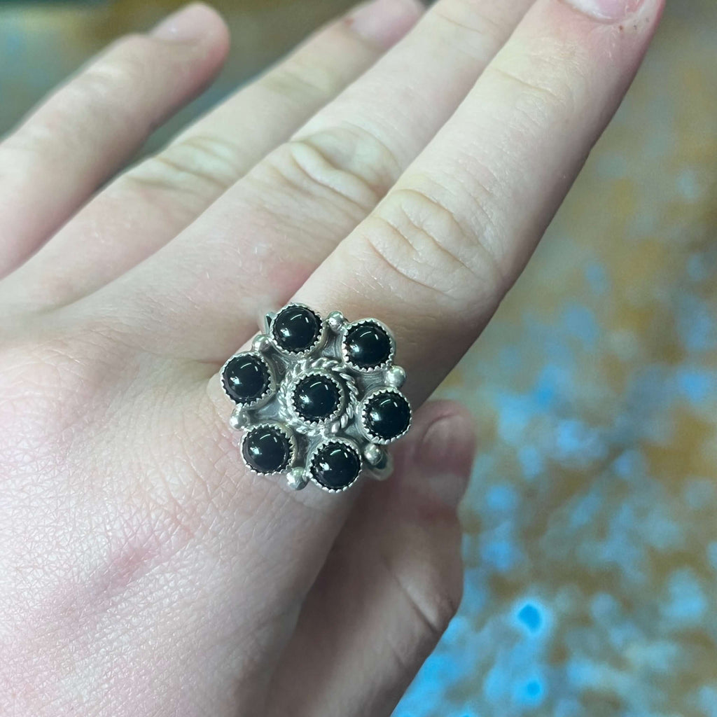 Black Onyx Cluster Adjustable Ring Genuine Ring