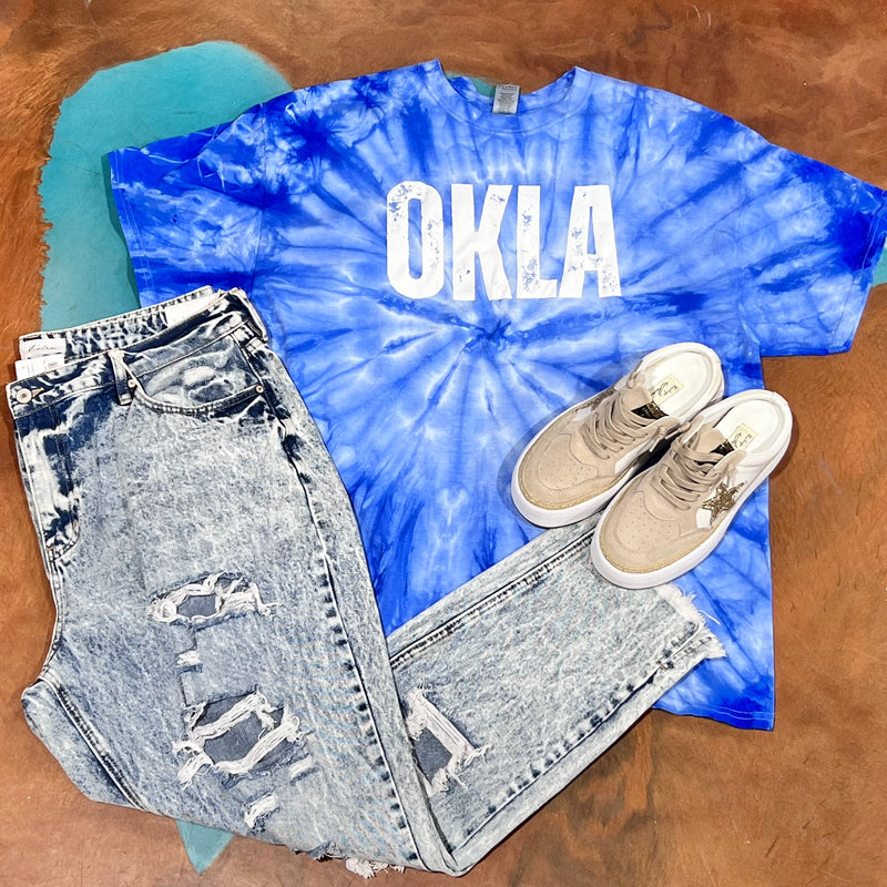 Blue Tie Dyed White OKLA Crew Neck T-shirt