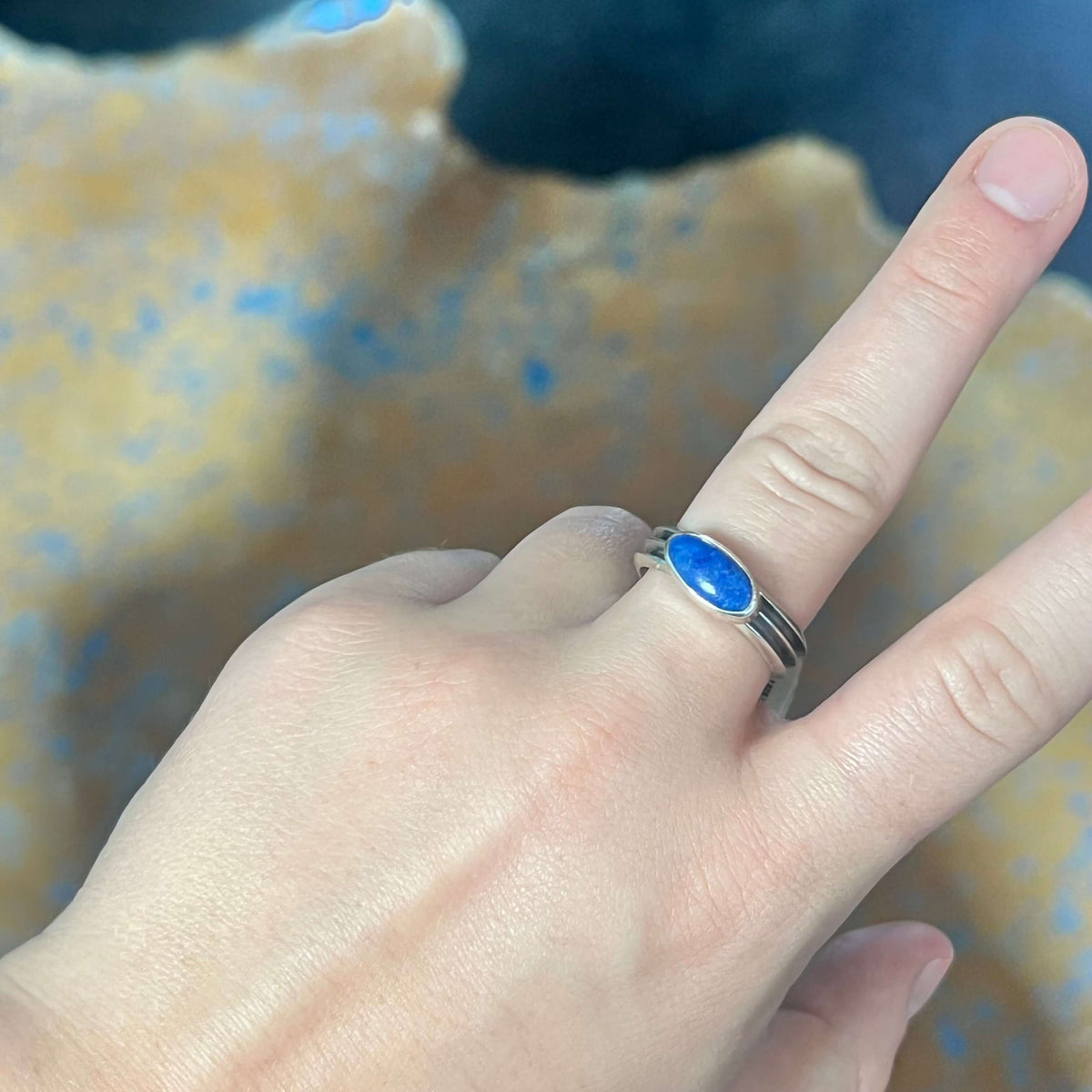 Oval Blue Lapis with Patina Band Sterling Silver Ring