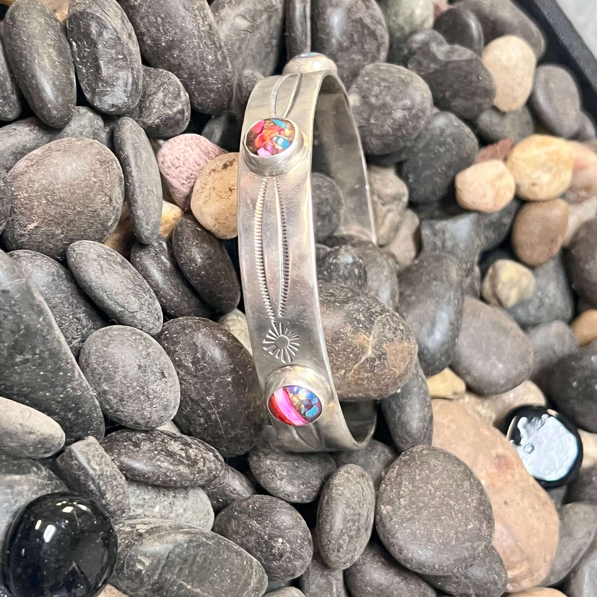 Pink Dahlia with Stamped Sterling Silver Bangle Bracelet
