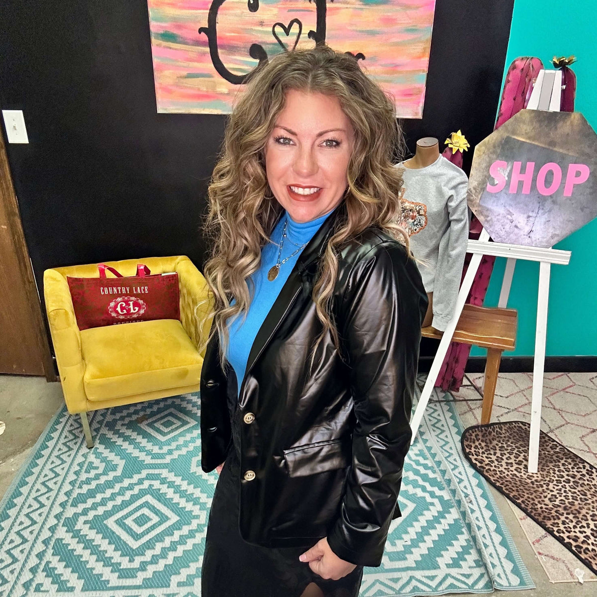 Black Faux Leather Blazer / Small