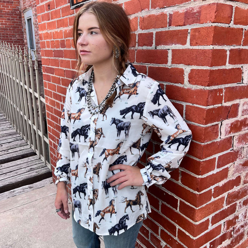 Horse Button Down Long Sleeve Top