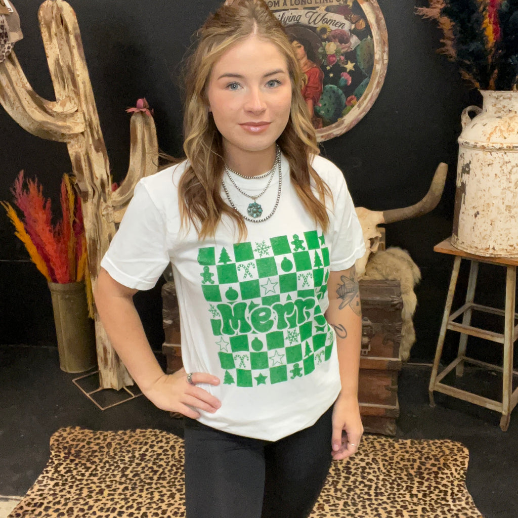 Green Worn Merry White Comfort Color Crew Neck T-shirt