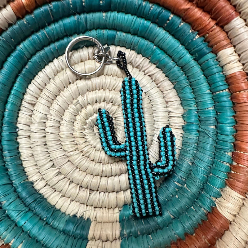 Beaded Turquoise & Black Cactus Keychain