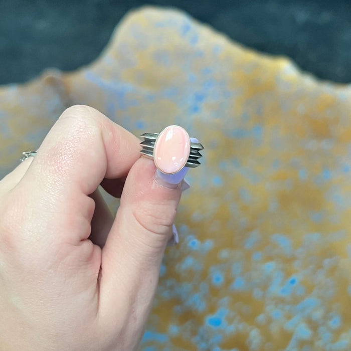 Oval Pink Conch with Patina Band Sterling Silver Ring