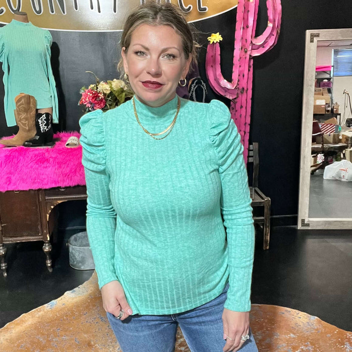 Seafoam Green Ruffle Shoulder Long Sleeve