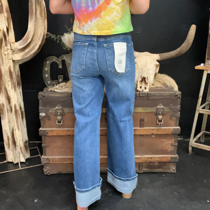 Medium Wash Tummy Control High Rise Ankle Wide Cuffed Jeans