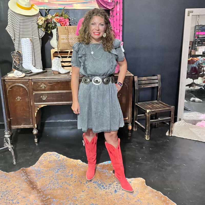 Black Acid Wash Short Ruffle Sleeve Denim Dress / Large