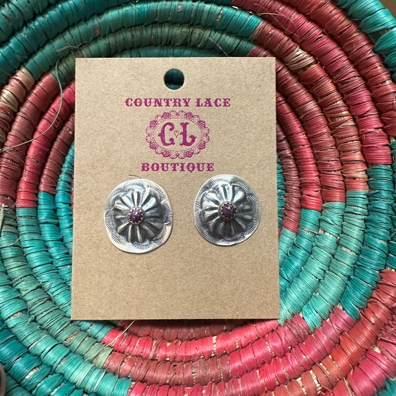 Concho Post with Purple Spiny Stone Stud Genuine Earring
