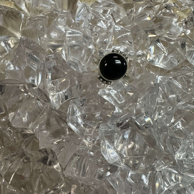 Round Black Onyx with Ball Detail Sterling Silver Ring