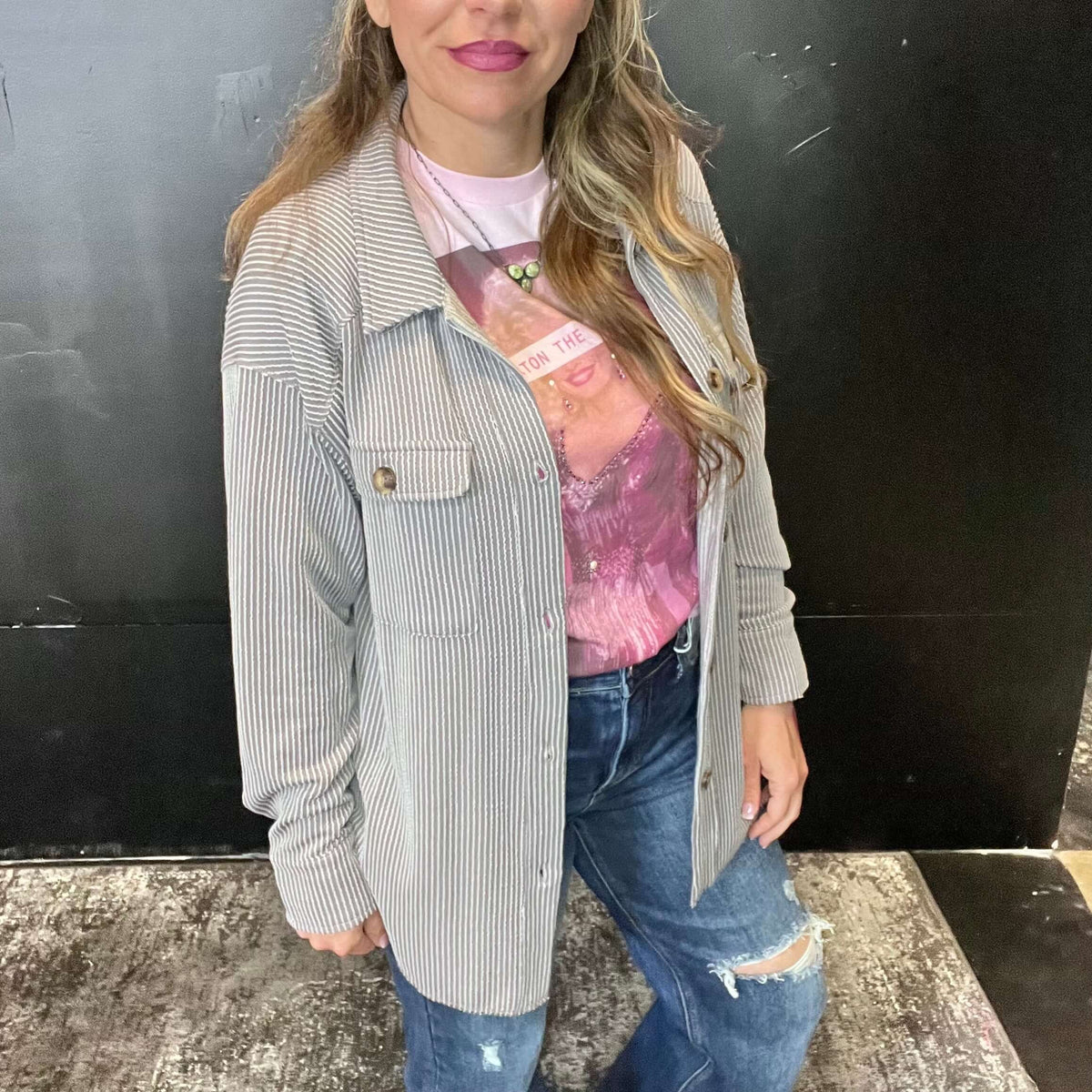 grey ribbed big button top shacket