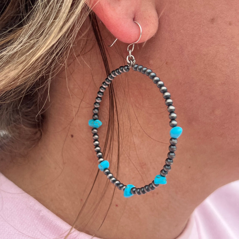 Turquoise Chip and 3mm Navajo Pearl Hoop Genuine Earring