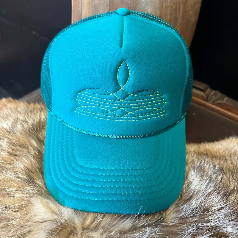 Yellow on Turquoise Boot Stitch Trucker Cap