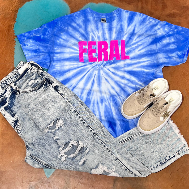 Blue Tie Dyed Hot Pink Feral Crew Neck T-shirt