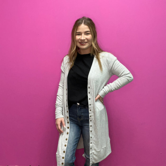 Grey Snap Down w/ Pockets Long Sleeve Soft Cardigan
