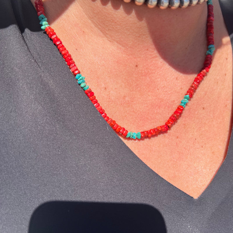 20 inch Red Coral and Turquoise Chunky Genuine Necklace