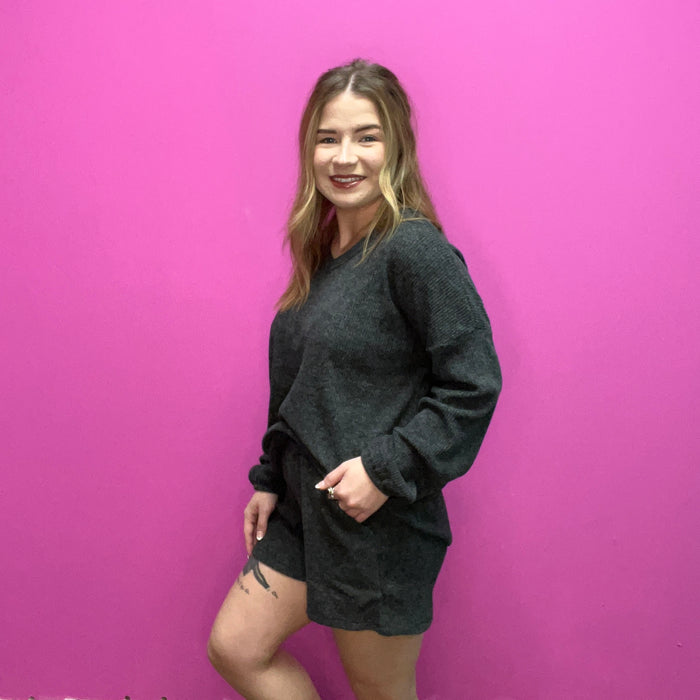 Charcoal Black Comfy Set Long Sleeve Top w/ Pockets Shorts