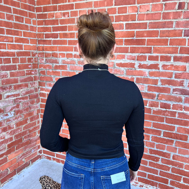 Black Ribbed Crop  Long Sleeve Shirt