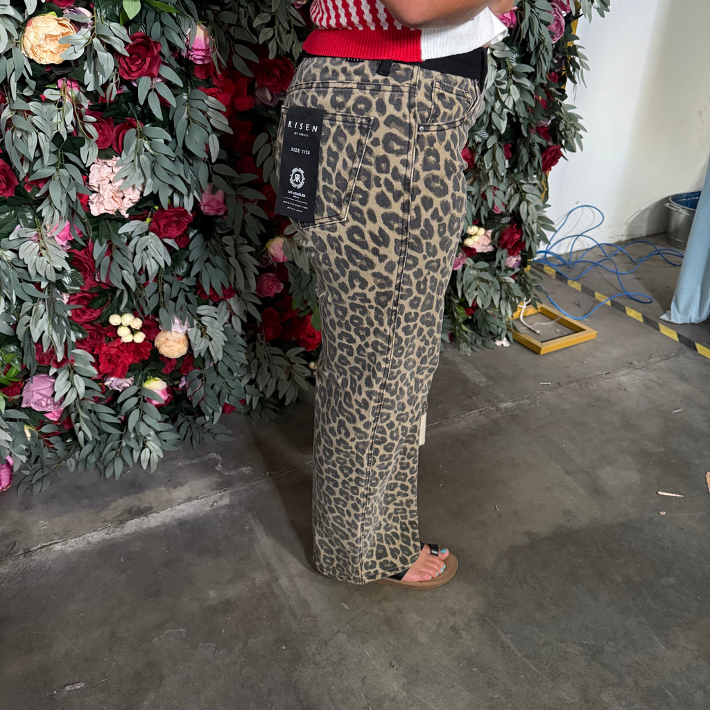 RISEN High Rise Wide Leg Leopard Printed Jeans with Contrast Waist Band Detail