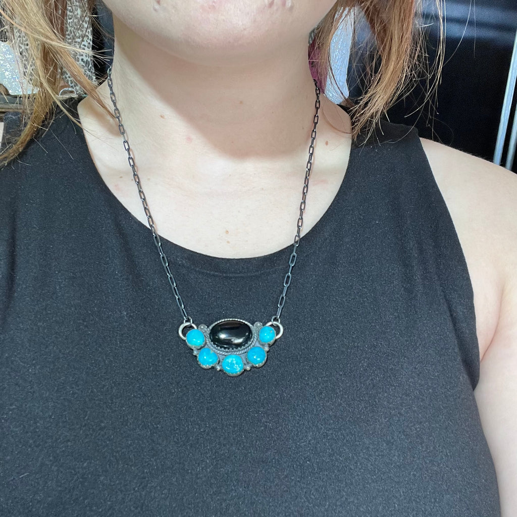 Black Onyx & Turquoise Half Cluster Genuine Necklace