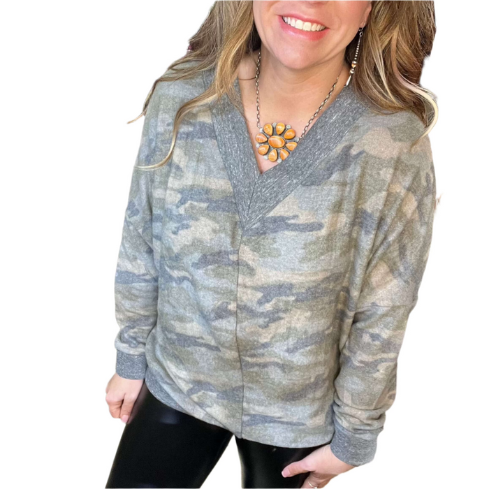 Camo Soft V Neck Top