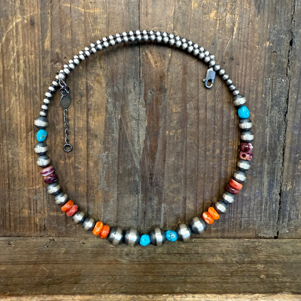 Multi Color 14 inch 3,6,8mm Navajo Pearl Slinky Wrap Around Sterling Silver Necklace