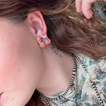 4 Stone Pink & Orange Dahlia Square Sterling Round Post Genuine Earring
