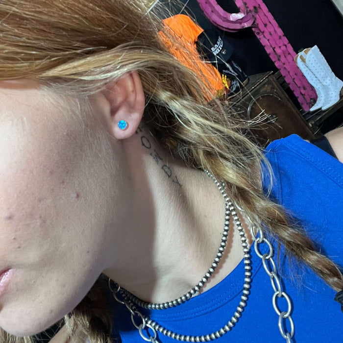 Mini Bright Blue Iridescent Opal Square Stud Sterling Silver Earring