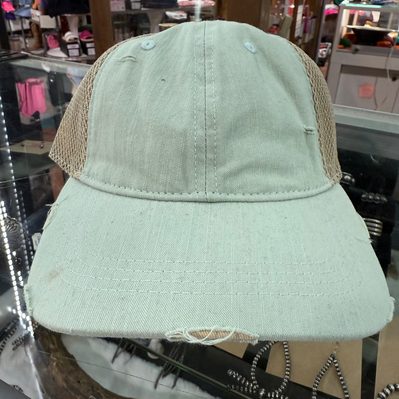 Sage Green Distressed Pony Tail C.C.Hat