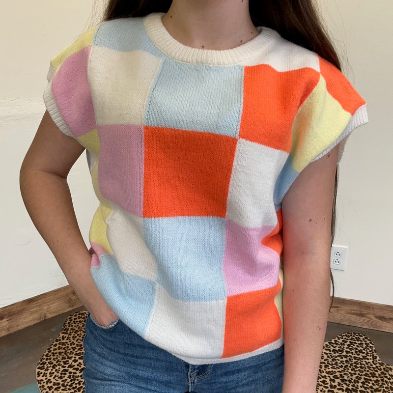 pink orange turquoise checkered sweater vest