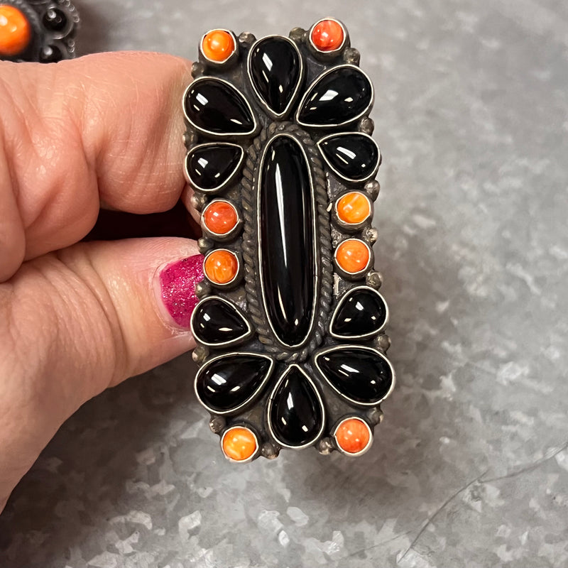 Big Amazing Black Onyx & Orange Spiny Genuine Adjustable Ring